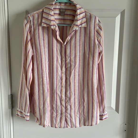 Chicos Linen No Iron Button Shirt Size 1 US M Multicolor Metallic Stripe Medium - Picture 1 of 8